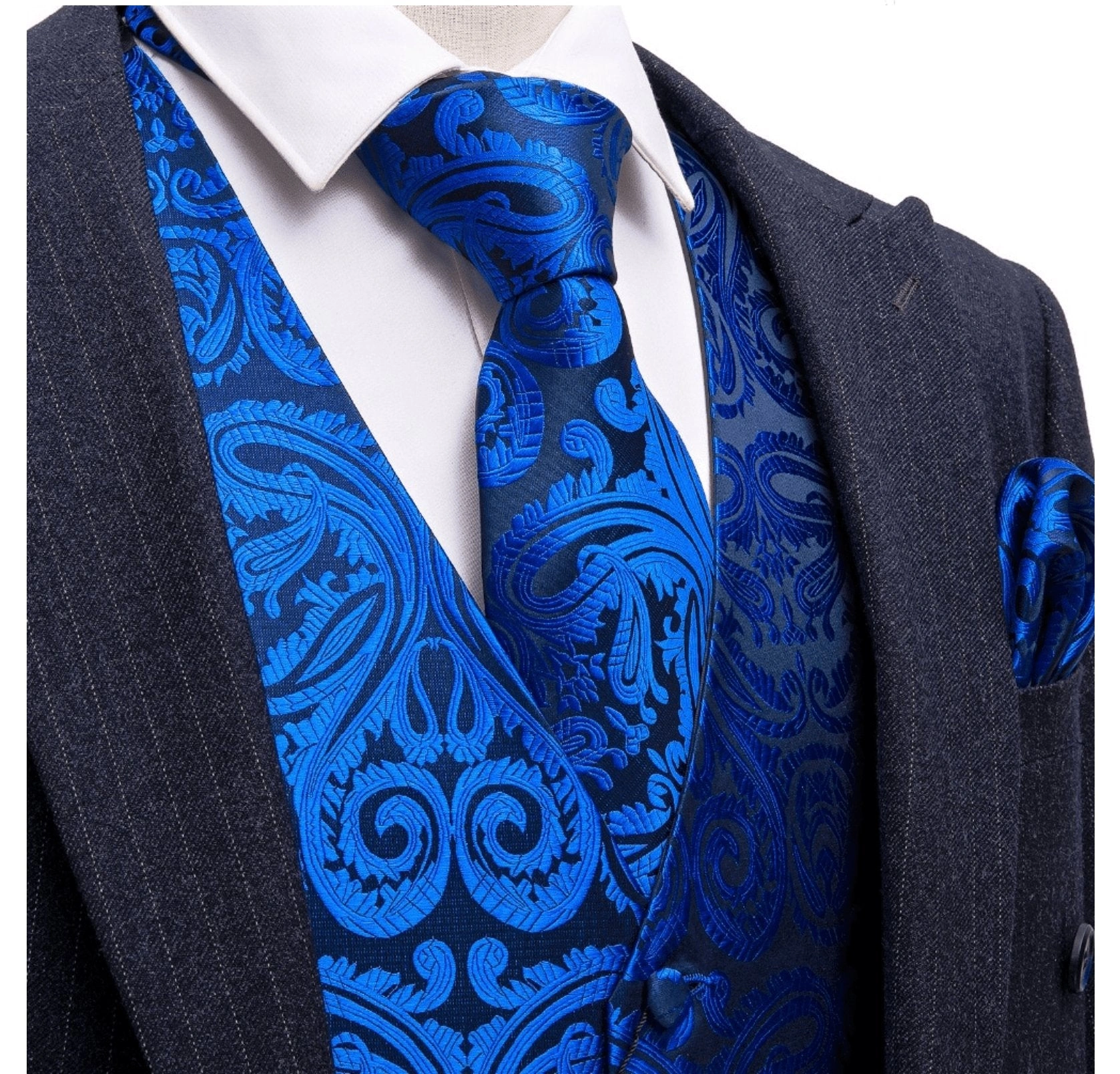 Blaue Seidenweste Set: Perfekt für den stilvollen Mann! Mit Manschettenknöpfen, Krawatte und Einstecktuch – MJ-2024.