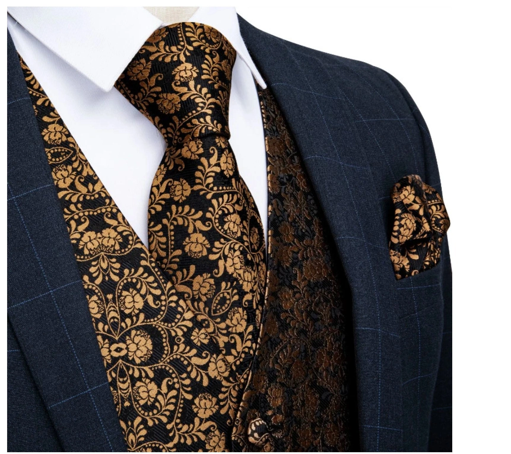 Schwarzes Gold Paisley Weste Set: Eleganz pur für den Mann von Welt! Hemd, Krawatte, Einstecktuch, Manschettenknöpfe inklusive.