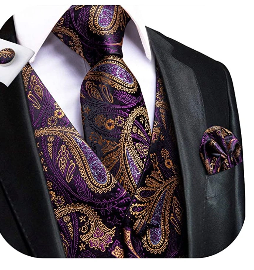 Lila Paisley Weste, Krawatte, Einstecktuch und Manschettenknöpfe – Eleganz für Ihn! MJ-0016