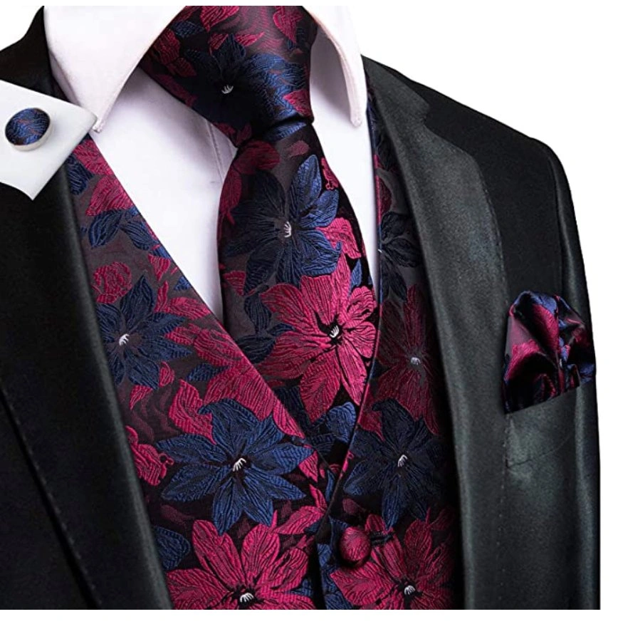 Blau-Rot Floral Weste Set: Necktie, Einstecktuch, Manschettenknöpfe – Eleganz für den Mann (MJ-0022)